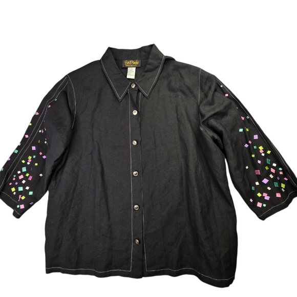 Bob Mackie Tops - Bob Mackie Wearable Art Shirt Womens Large Black Linen Confetti Top Embroidered